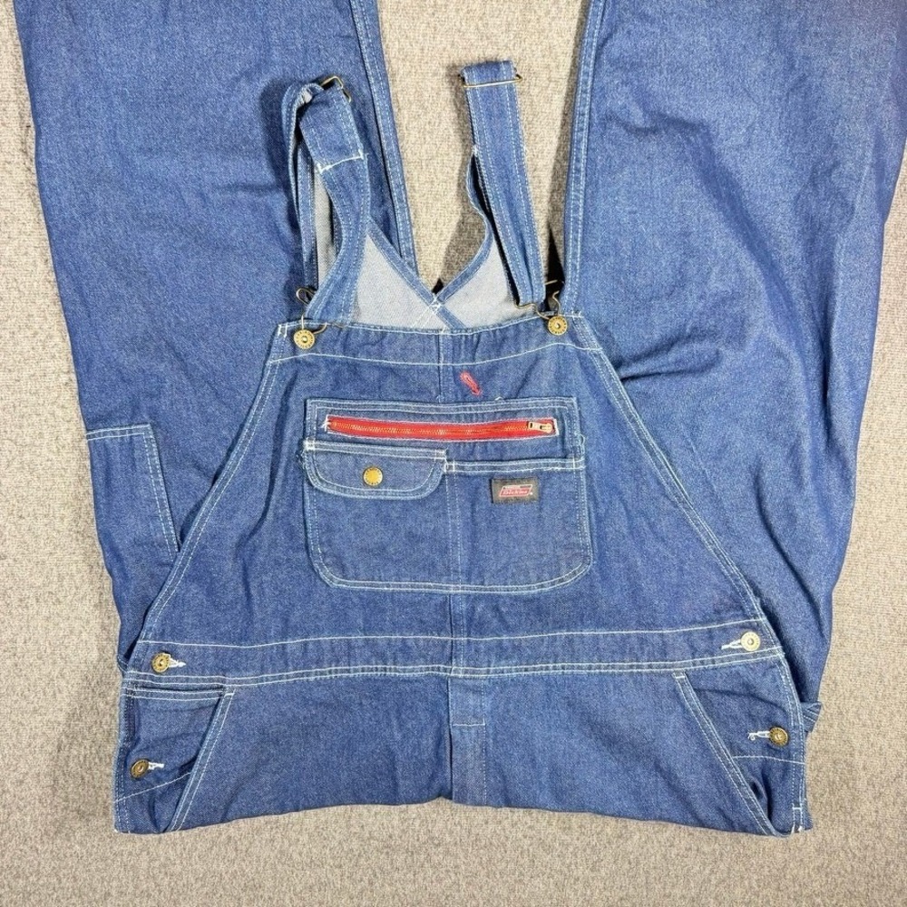 Dickies Mens Blue Denim Bib Overalls XL Red Zipper Workwear Carpenter Pants